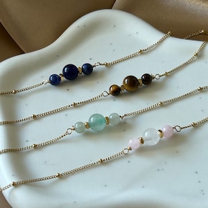 Natuursteen armband, vergulde roestvrijstalen ketting, edelsteen aventurijn, lapis lazuli, tijgeroog, rozenkwarts, minimalistische armband afbeelding 5