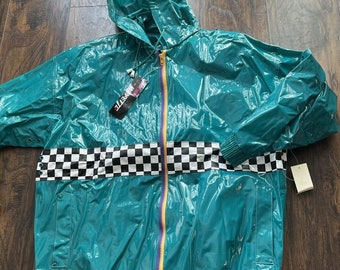 VTG Kenn Sporn for Wippette Teal Vinyl Checkered Hooded Rain Coat Size M NWT