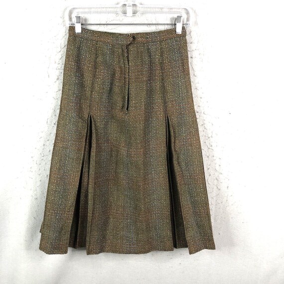 Vintage Handmade Skirt S Green Brown Pleated 50s … - image 2