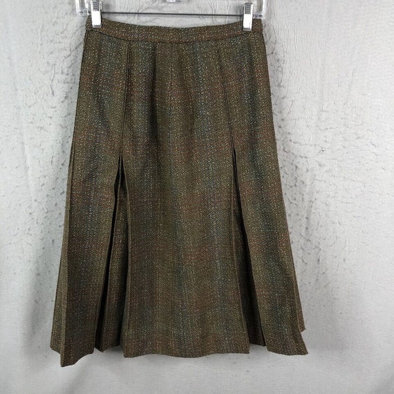 Vintage Handmade Skirt S Green Brown Pleated 50s … - image 1