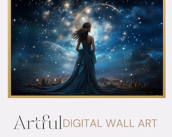 Moon Goddess Wall Art, Celestial Woman Printable Poster, Cosmic Fantasy Decor Digital Download