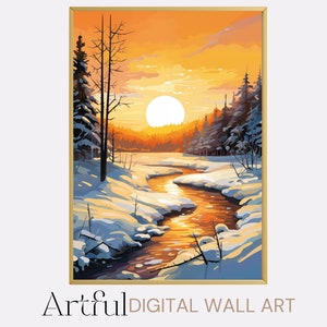Sunset in Winter Scenery Wall Art Printable Painting with Winter Sunset Digital Winter lover poster Printable gift for Nature lover Sunset