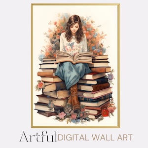 Bloemen boekenliefhebber AI-gegenereerde afdrukbare muurkunst, digitale boekenwurm-poster, cadeau-idee afdrukbaar lezen liefhebber, liefhebbers van digitale kunst boeken
