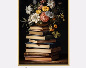 本の山 ウォールアート プリント、読書好きポスター、本好きへのギフト、ヴィンテージ ブックスタック