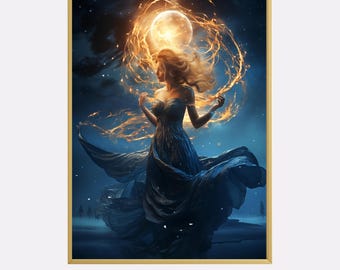 Printable Moon Goddess Poster, Celestial Fantasy Art, Spiritual Painting Digital Download, Spirituality lover Gift