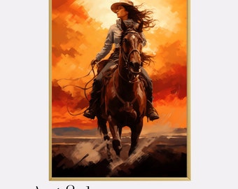 Cowgirl Riding into the Sunset Poster, Printable Western Wall Art, Country Digital Print, Horse Girl Wall Decor, Printable Gift for Cowgirl