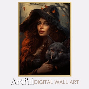 Witch portrait Digital Download, Witch poster printable, Fantasy lover gift, Witch with wolf Wall Art Printable, Fantasy Digital print
