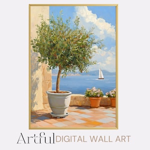 Mediterranean Printable Wall Art, Olive tree Painting Digital Download, Tuscan Style Patio Art Print, Olive Tree and Sailboat Digital Print