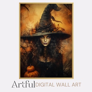 Witch art Printable, Halloween Home Decor, Digital Witch Portrait, Fantasy Digital print, Halloween lover gift, Printable Witch Poster