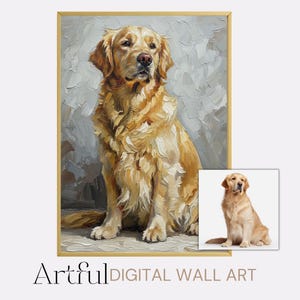 以下が含まれることがあります： ゴールデンレトリバー犬が描かれた、額入りのウォールアートプリント。絵画は、金、茶色、クリーム色を基調とした、印象派スタイルです。「Artful DIGITAL WALL ART」の文字が下にあります。