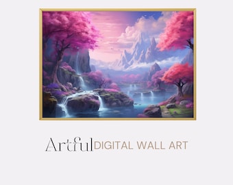 Fantasy Nature Printable Art, Magical Waterfall Scenery Poster Digital Download, Surreal AI Painting