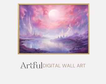 Digital Pink Fantasy Landscape Wall Art, Mystical Fairy Tale Printable Poster, Enchanted Nature Painting