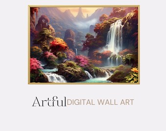 Waterfall Landscape Printable Decor, Reddish Pink Fantasy Wall Art Digital Download, Wonderland AI Painting