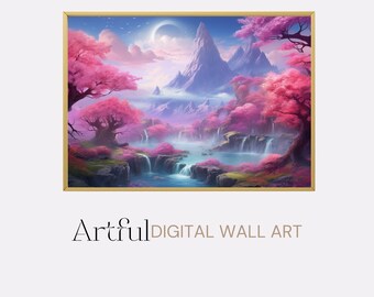 Lámina artística de volcán de fantasía rosa, pintura de cascada de montaña para descarga digital, póster de país de las maravillas