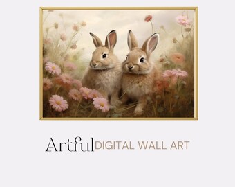 Quadro digital para imprimir com dois coelhinhos, arte de parede vintage em campo de flores, presente para amantes de animais.