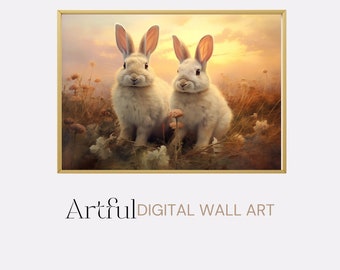 Arte para imprimir com coelhinhos ao pôr do sol, decoração de parede com animais, download digital, presente para amantes de coelhos