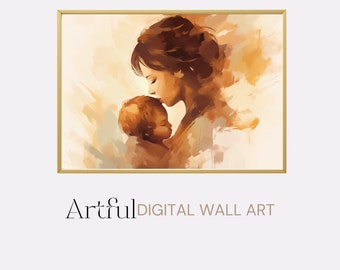 Afdrukbare muurkunst moeder met baby, moederschap wanddecoratie digitale download, cadeau voor moeder