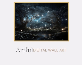 Magical Night Forest Printable Art, Moonlit Fantasy Landscape Painting Digital Download, Nature Lover Gift