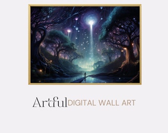 Celestial Moonbeams Digital Print, Fantasy Forest Wall Art Printable, Moonlit Nature Poster Digital Download