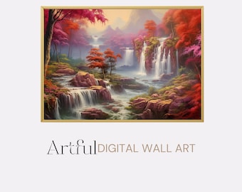 Lámina artística de paisaje de cascada fantástica, decoración de pared de bosque encantado, descarga digital, regalo para amantes de la naturaleza.