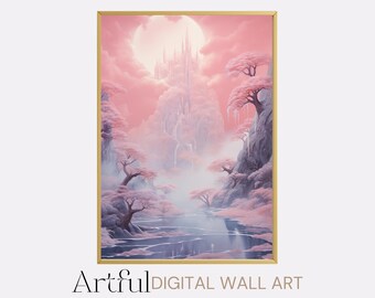 Pink Fantasy Castle Art (Digital Download), Enchanted Forest AI Painting, Fairy Tale Lover Gift