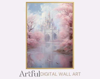 Lámina artística de castillo de fantasía rosa, arte mural de naturaleza, paisaje de cerezos en flor (descarga digital)