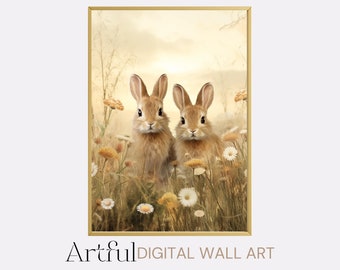 Impressão digital de coelhinhos, arte de parede com paisagem de campo de flores silvestres, download digital, presente para amantes de animais
