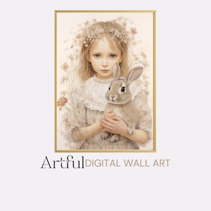 Girl holding a Bunny Wall Art Printable, Girl with Bunny Digital Print Vintage style, Girl and Bunny Spring Decor Printable, Wall Decor