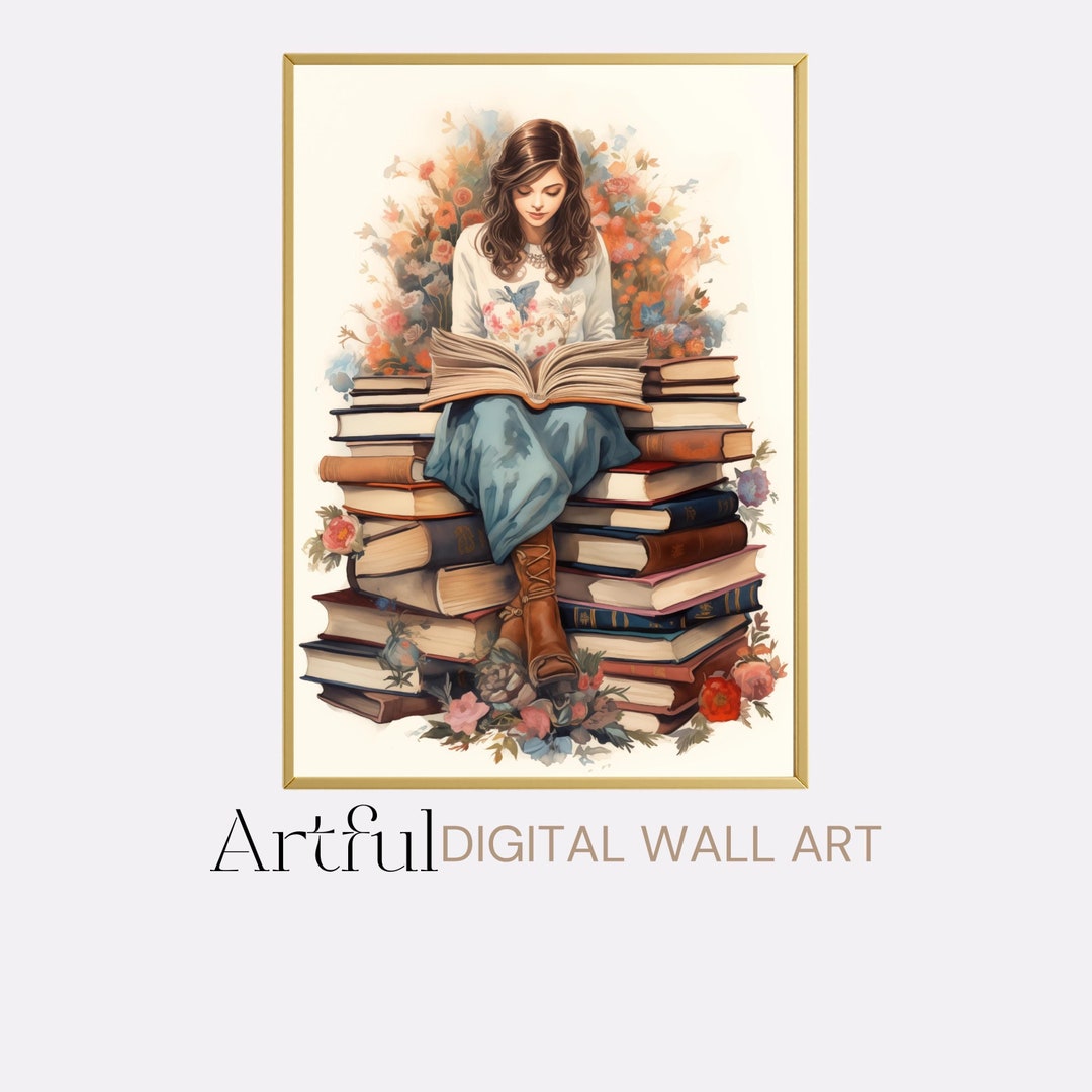 Floral Book Lover Wall Art, AI Bookworm Print Digital Download, Reading ...