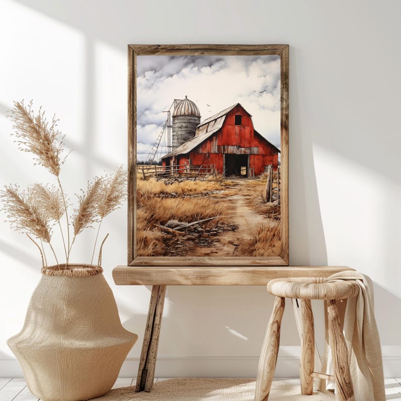 Red Barn & Silo Printable Wall Art, Farmhouse Digital Print, Vintage ...