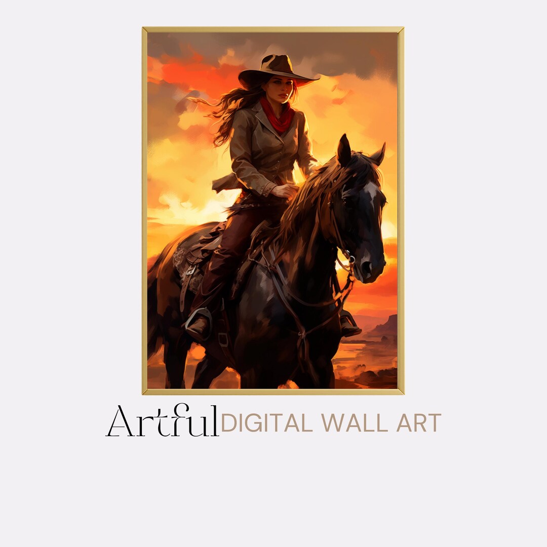 Cowgirl Riding Horse Sunset Wall Art Print, Western Farmhouse Decor ...