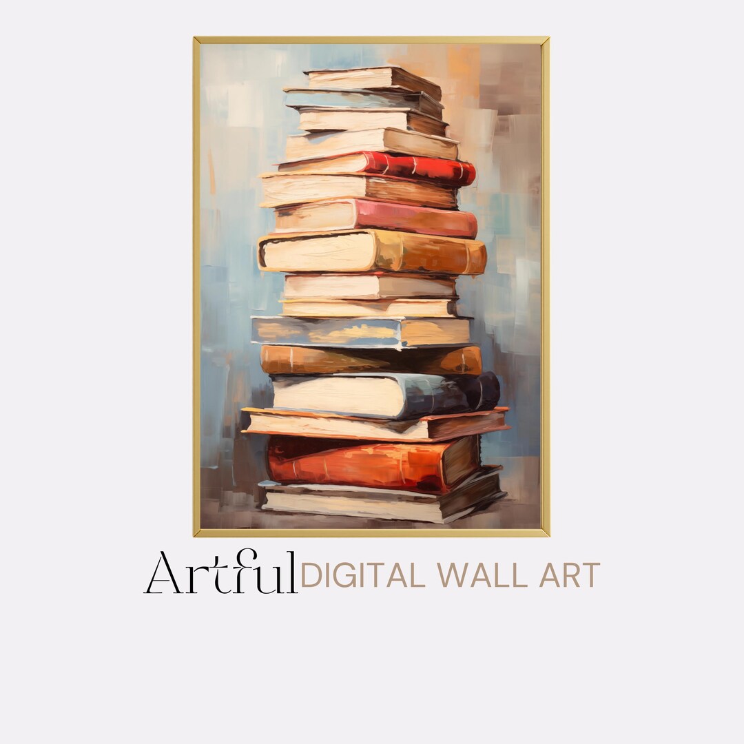 Vintage Book Stack Printable Poster, Library Reading Nook AI Painting ...