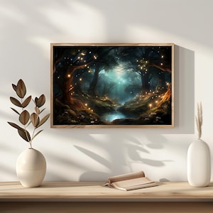 Magisk månbelyst skog väggkonst utskrivbar, fantasi naturdekor, mystisk målning, gåva för fantasyälskare bild 6