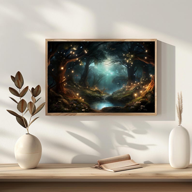 Magisk månbelyst skog väggkonst utskrivbar, fantasi naturdekor, mystisk målning, gåva för fantasyälskare bild 6