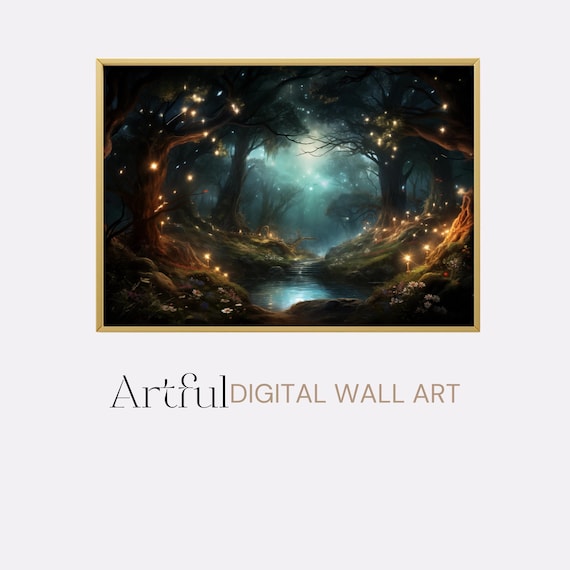 Magical Moonlit Forest Wall Art Printable, Fantasy Nature Decor, Mystical Painting, Fantasy lover Gift