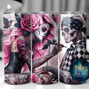 Couple de tatouage tête de mort en sucre 20 oz verre à sublimation Design Couple tête de mort en sucre PNG en téléchargement numérique