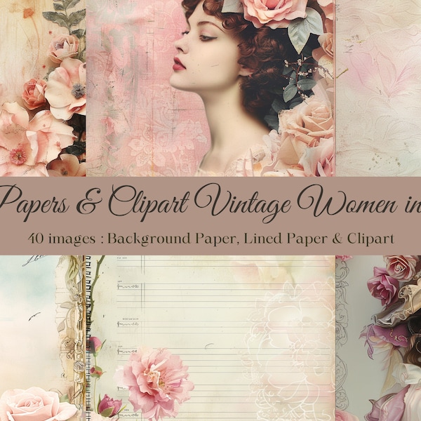 Kit Vintage Women in Paris pink flowers background paper for Junk Journal, Scrapbooking, Digital Ephemera