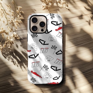 May include: White phone case featuring a pattern of racing helmets, checkered flags, race cars, the number 16, and chevrons. The case has a glossy finish and is designed for a smartphone.
