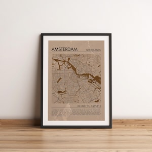 Affiche vintage de la ville d'AMSTERDAM PAYS-BAS, affiche de la ville en téléchargement numérique, impression personnalisée, carte de la ville