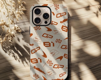 Oscar Piastri F1 Phone Case, Mclaren Racing, Beige Pattern