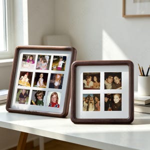 May include: Two square wooden photo frames with multiple openings for pictures. The frames have a dark brown finish and white matting. One frame holds nine photos of children, and the other holds four photos of adults. The text "lovely children" and "sweet memories" are visible.