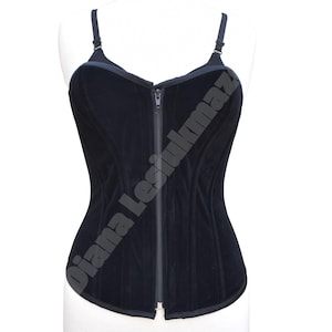 Women Velvet Overbust Corset - Black Velvet Corset Top - Adjustable Shoulder Straps Lace-Up Back | Steel Boned Gothic Style Zipper Corset
