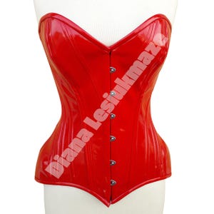 Glänzendes rotes Overbust Korsett - Frauen ROTES Vinyl PVC Gothic Korsett - Sanduhr-Kurvenform Hochleistungsstahl entbeinter Taillentrainer - Übergröße
