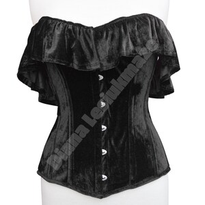 Women Black Velvet Overbust Corset - Victorian Style Midnight Black Velvet Cup Corset - Steel Boned - Black Romance Gothic Ruffles Corset