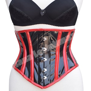 Glossy Black PVC Underbust Corset - Wet Look Vinyl Corset with Red Stripe - Heavy Duty Steel Boned Waist Trainer - Plus Size Gothic Corset