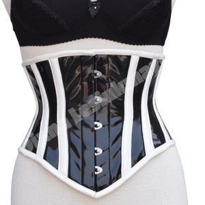 Women Gothic Glossy Black Corset - Ladies WET LOOK Underbust PVC Vinyl White Strips Corset - Size Women Underbust Waist Training Corset