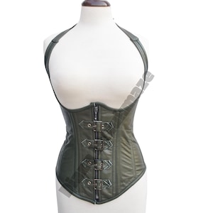 Olive Green Leather Gothic Corset - Underbust Steel Boned Corset w/ Buckle Straps - Heavy Duty Waist Trainer - Real Leather Victorian Corset