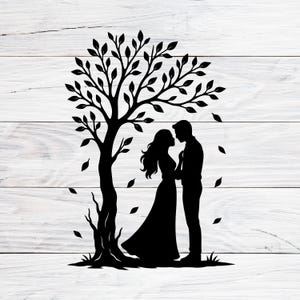 May include: A black silhouette depicts a couple beneath a tree with falling leaves. The woman wears a long dress, the man a suit. The tree has many leaves and a thick trunk. The background is a white wooden plank design.