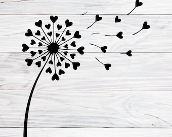Heart Dandelion SVG PNG DXF, Love Dandelion Cut File, Valentine Heart Flower Vector, Romantic Cricut File, Silhouette Laser Engraving Design