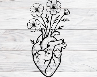 Fiori a forma di cuore anatomico SVG PNG EPS, disegno floreale a forma di cuore, clipart gotica a forma di cuore botanico, bouquet di fiori a anatomia umana, file di taglio per Cricut